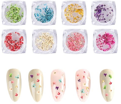 Dried Flowers for Nails, 8 Boxes Colorful Nail Art Dried Flowers 3D Small Natural Real Dry Flowers Nail Stickers Decals for Nail Art Decoration Resin DIY Crafts (Multi-Colored B)