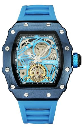 TIME100 Orologio Meccanico Automatico Uomo Scheletrato Quadrante Rettangolare Scheletro Grande Cinturino in Silicone（Blu）