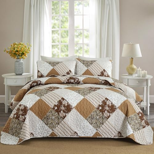 WONGS BEDDING Tagesdecke 220x240 Brown Floral Patchwork Bettüberwurf Gesteppt Bedspreads Blumen Muster Steppdecke Mikrofaser kariertem Tagesdecke mit 2 Kissenbezug 48x75