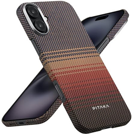 pitaka Hülle für iPhone 16 Ultradünne Handyhülle aus Aramidfaser Kompatibel mit Magsafe Magnetische Schutzhülle Taktile Gewebte Hülle mit Angenehmem Griff und Fusion Weaving Sonnenuntergang