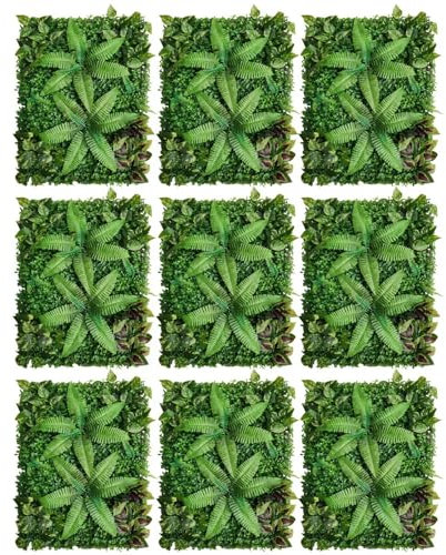 Dettchan 9 Stück Künstliche Hecke Fliese Rasen, Wanddekoration Sichtschutzhecke Pflanzen Gras Dekor Grün Balkon Blätter Sichtschutz 60x40x4cm, für Indoor Outdoor Garten
