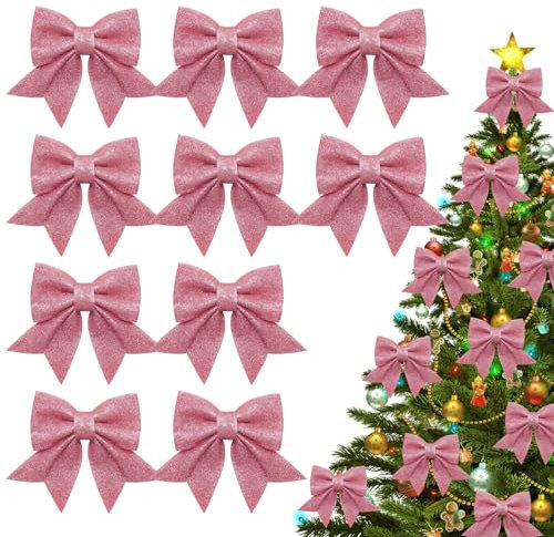 10 Pezzi Fiocchi di Natale, 15x14cm Glitterati Fiocchi per Albero di Natale, Fiocchi di Natale per Albero, Fiocchetti Piccoli per Decorazioni, per Albero di Natale Appeso, Decorazione Regalo (Pink)