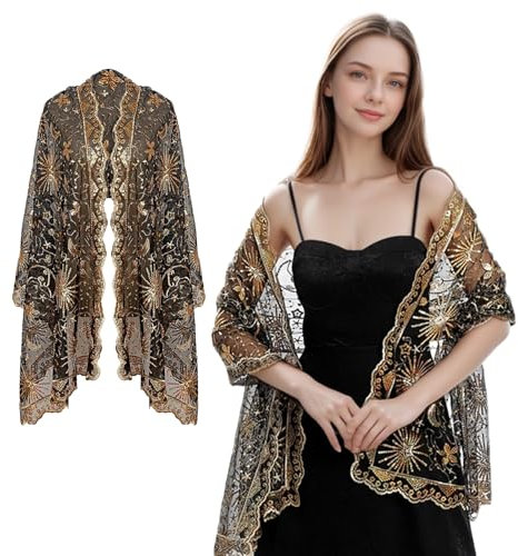 Werownsgso Damen Pailletten Umhang Schal, Stola für Abendkleid, Damen Glitzer Festlich Stole, Stola Damen Festlich für Hochzeit Abendkleider Abend Party (Schwarz & Gold)