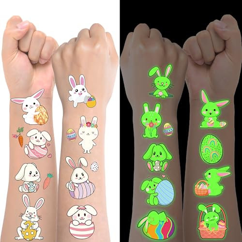 Ostergeschenke Kinder, 10 Blatt Leuchtende Oster Tattoo mit Ostertüten, Kleinigkeiten zu Ostern Kinder, Osterhasen Ostereier Sticker Ostern, Oster Mitgebsel