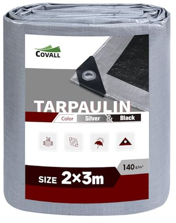 Covall Lona Impermeable de Alta Resistencia para Exteriores 140g/m² Plata/Negro Cubierta de Suelo Multiusos Techo Piscina Camión RV Camping Construcción Jardín Cobertizo para Mascotas.(2x3m)