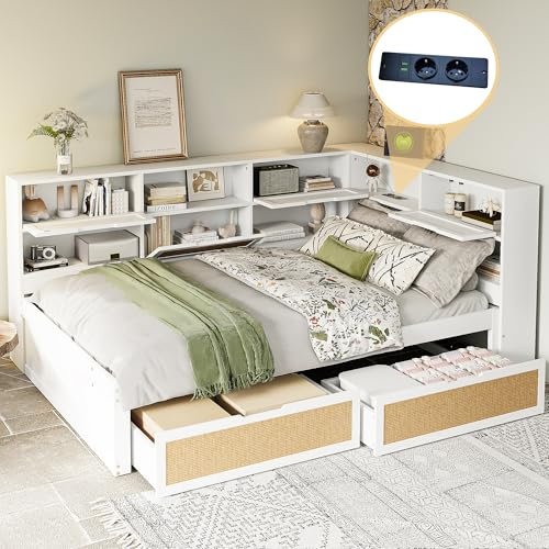 Dolamaní Bett 140x200 cm mit 2 Stauraum Schublade, Funktionsbett Tagesbett mit vielen Staufächern (Weiß)