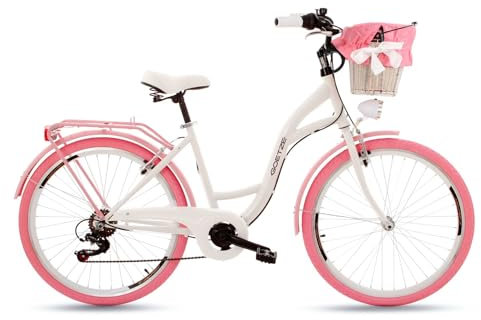 Goetze Mood 26 Zoll Jugendfahrrad, 17 Zoll Tiefeinsteiger Stahlrahmen, 6-Gang Kettenschaltung, doppelte V-Bremsen, LED-Beleuchtung, Rattankorb, Komfortsattel, mit Seitenständer & Klingel