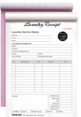 Individuelles Wäschequittungsformular mit Ihrem Firmennamen, personalisiertes Logbuch für Wäschereidienste, 3-teiliges/2-teiliges NCR-Papier, Wäsche-Service-Quittungsformulare (Stil A01, 2-teilig
