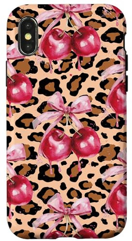 Cute Preppy Cheetah Print Leopard Cherry Bow Women Aesthetic Case for iPhone X/XS