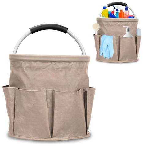 Tefola Cleaning Caddy Organiser, Cleaning Bucket Organiser with Handle, Foldable Cleaning Bag, Portable Multi Pocket Large Capacity Cleaning Caddy Bag for Home Car Garden Camping Washing (Khaki)