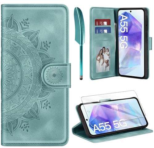 ivencase Lederhülle für Samsung Galaxy A55 5G Hülle und Schutzfolie, Premium Klappbar Handyhülle Flip Wallet, [Kartenfach] [PU Leder] [Ständer] Schutzhülle Kompatibel mit Samsung A55 5G, Grün