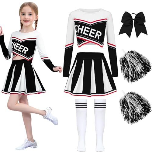 Luckyou Cheerleader Kostüm Langarm Cheerleading Kostüm mit Pompoms Socken Cheerleader Outfit für Karneval Halloween Sportfest