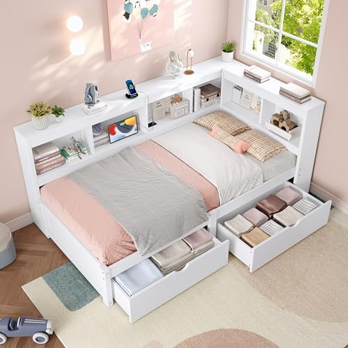 Miyemo Single Bed Frame with Storage Drawers, 3ft Cabinet Platform Bed with Charging-Station & Beside Storage, Wood Daybed for Living Room/Bedroom/Study Room, 90x190cm, White, (No Mattress)
