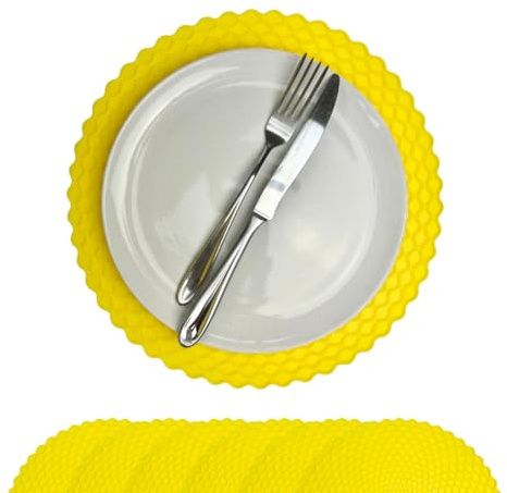 Stone & Thyme Yellow Silicone Placemats Set of 6 – 29 x 29cm. Waterproof & Non-Slip Dining Table Mats, Heat Resistant, Easy-Clean Reusable Food-Grade Silicone Placemats for Family Meals.
