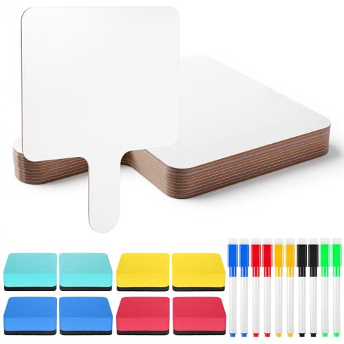 AOZUO 10 Pcs Dry Erase Paddles with 10 Markers and 8 Erasers, 10 x 8 Inch Dry Erase Answer Paddle with Handle Double-Sided Whiteboard for Teaching Meeting Bidding Voting Games