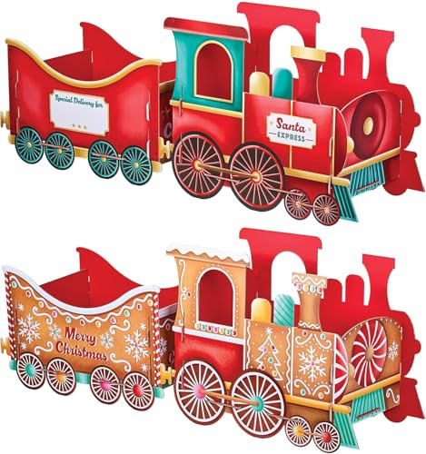 Design By Violet Christmas Train Gift Holder Set – Santa Express & Gingerbread Festive Cardboard Trains for Presents & Treats – Strong 1200GSM Build with 83 Alphabet Stickers for Personalised Displays