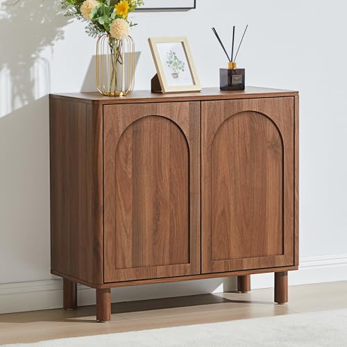 GuannCraft Modernes Sideboard aus Holz mit geschwungenen Seiten | Doppeltüriger Aufbewahrungsschrank mit Naturfinish für Wohnzimmer, Esszimmer und Eingangsbereich (Walnussholzfarbe)