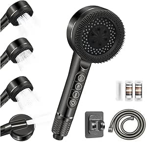 Filter Shower Head with 1.5M Shower Hose and Shower Stand, 4 Mode High Pressure Shower Heads with Pause Switch, Massage Water Saving Power Showerhead with ON/Off Switch, Black