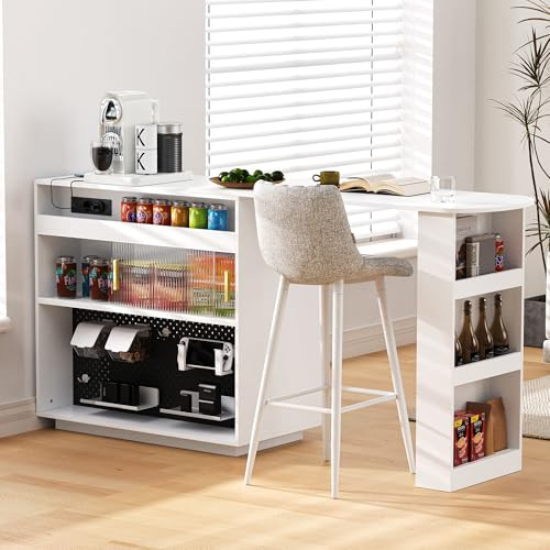 Merax Bartisch mit Stauraum, mit offene Fächer,2 Schubladen,Glas Schiebetüren,Lochplatte,Ladestation,LED-Beleuchtung, Kücheninsel mit ausziehbarer Arbeitsplatte120cm - mit 360° Drehfunktion, Weiß