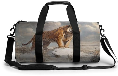 Tiger Standing in a Vast Tundra Travel Gym Bag for Women Men Cylindrical Duffle Bag Sport Workout Bag with Shoulder Strap