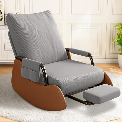 WXJHL Nursery Upholstered Recliner Rocking Chair with Adjustable Backrest and Footrest, Comfy Corduroy Glider Chair for Bedroom, Living Room