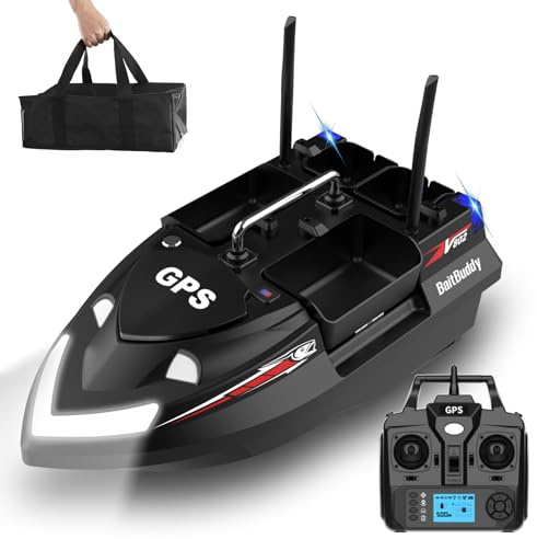 AHWZ RC Bait Boat for Carp Fishing with GPS, 500m Remote Control Range, 4 Bait Hoppers, 12000mAh Dual Battery System, Auto Return, Cruise Control, Night Navigation Lights (Black)