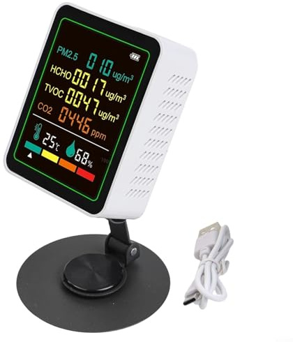 ComfyHarbor Calidad del aire interior 6 en 1 para PM2.5, formaldehído, TVOC, temperatura y humedad con pantalla LED HD de 2.8 pulgadas, alarma de silencio, batería recargable USB-C y soporte para