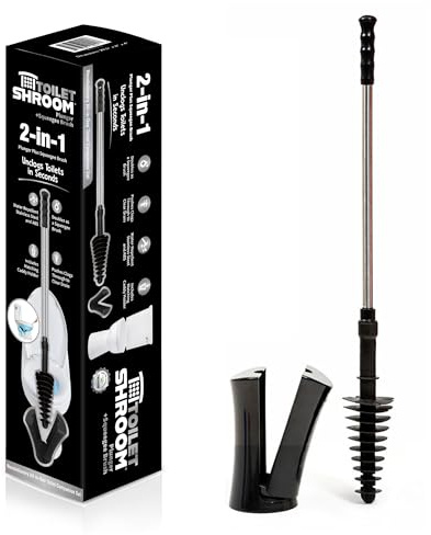 ToiletShroom Revolutionary Plunger, Squeegee, Clog Remover, Drain Cleaner, Bathroom Toilet Dredge Tool, Stainless Steel Handle with Caddy Holder, Black, One Size