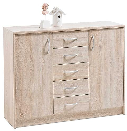 Kommode Sideboard Mehrzweckschrank | Dekor | Eiche Sonoma | 2 Türen | 5 Schubladen