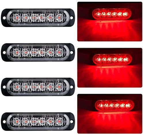 4pcs Ultra Mince 6LED Lumières Stroboscopiques Warining Beacon Lights Barre d'éclairage d'urgence Lampe de Voiture Auto Flash Lamp Universel Pour 12-24V Voiture Camion Remorque (Rouge)
