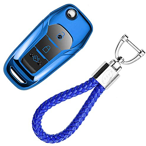 KASER Coque Clé en Silicone Compatible pour Ford Fiesta Focus Galaxy Fusion Mondeo C-Max Kuga Ecosport Cover Housse Porte-clé TPU Protection Télécommande (Bleu)