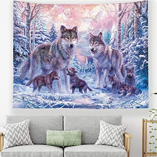 Odot Wandteppich Wandtuch Wandbehang, Mandala Wolf Tapisserie Tischdecke Meditation Yogamatte Strandtuch Tapisserie Dekoration für Schlafzimmer Wohnzimmer (130x150cm,Schneewolf)