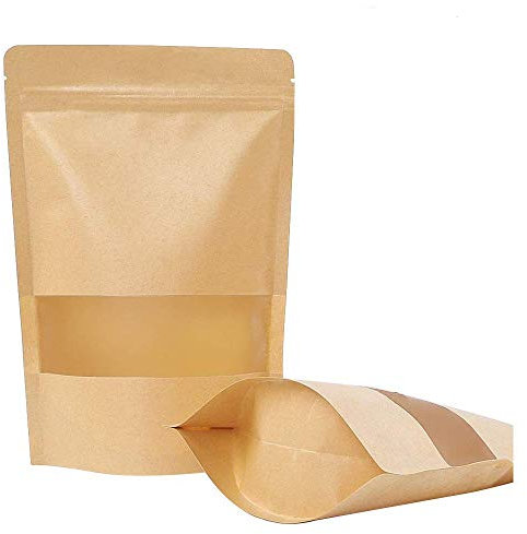 YFOX 50 pièces sac en papier kraft zip petit sac en papier avec fenêtre sac ziplock alimentaire-adapté aux graines de thé de café de fruits secs (12x20cm)