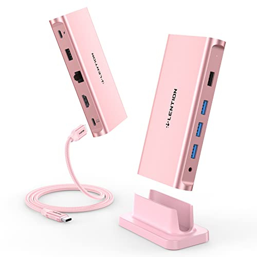 LENTION USB C Docking Station mit 100W Power Pass-Through, 4K HDMI, Gigabit Ethernet, USB 3.0, USB 2.0 und Aux Adapter Kompatibel 2023-2016 New Mac Air/Surface, Mehr (D53, Rose Gold)