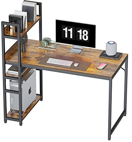 CubiCubi Computer Desk with 3 Tier Storage Shelves on Left or Right, 100x50x120 cm Study Writing Table with Bookshelf for Home Office, Modern Simple Style, Steel Frame, Rustic Brown