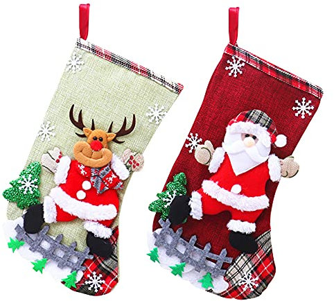 Mousyee Nikolausstrumpf, Nikolausstiefel Hängende Weihnachtsstrümpfe für Baumschmuck Weihnachtssockensack, Socke Geschenktüte Bonbonbeutel Tasche mit Plaid (Weihnachtsmann und Rentier)