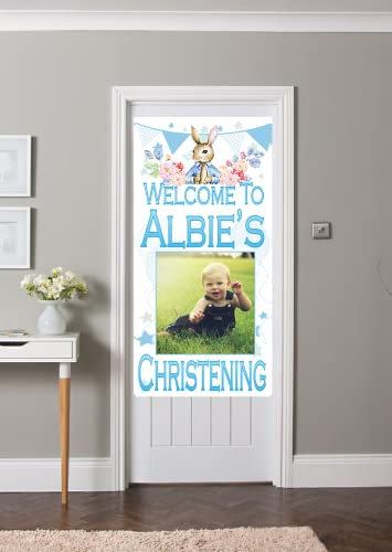 Party Prints 2020 PERSONALISED Peter Rabbit Christening Banner Party Backdrop 4ft Large 4ftx2ft Baptism Party Decorations Any Name boys girls Blue Pink Welcome Sign (Blue Door Poster 4ft PHOTO)