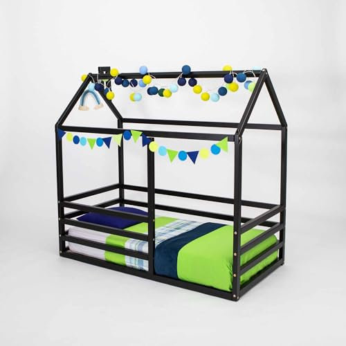Sweet Home From Wood Kinderbett aus Holz - Montessori-Bett mit entnehmbarem Bettgitter/Rausfallschutz, Lattenrost, Hausbett mit rausfallschutz (70 x 140 cm, Schwarz)
