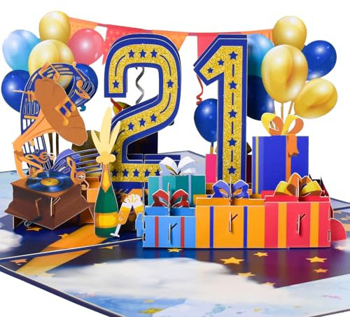 3D Pop-Up Karte 21. Geburtstag oder 21. Hochzeitstag – Festliche Karte mit bunten Ballons, Geschenken, Musikinstrumenten und goldenen Akzenten für Jubiläum und Geburtstagsfeier