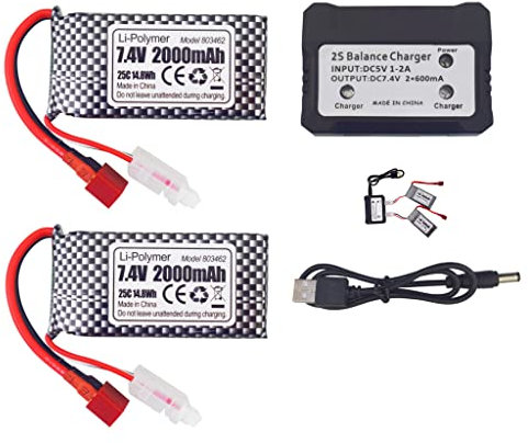 2PCS 7,4V 2000mAh T-Stecker Lithium-Akku + 2-in-1-Ladegerät für 9200 9200E HB101 200E 9202E 9203E 9204E 9205E 9206E 2995 YC300 HM101 LG-DJ02 9125 S920 HB101 WLtoys RC Auto RC Boot Drone Quadcopter