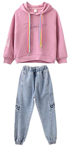 amropi 2 PCS Set Completo Ragazze Felpa con Cappuccio + Denim Pantaloni Jogging Tuta Rosa,13-14 Anni