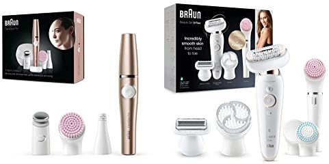 Braun FaceSpa Pro 921 Épilateur Visage Bronze Avec 3 Accessoires & Silk-épil 9 Coffret Beauté & Spa Epilateur Electrique Femme Blanc/Doré, Tête Souple, Brosses Exfoliantes Et Éponge De Maquillage