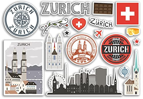 A5 Aufkleberbogen Zürich Sehenswürdigkeiten Vinyl Aufkleber - Schweiz Schweizer Flughafen Briefmarken Skyline Flagge Karte Reise Urlaub Scrapbooking Stadt Gepäck #79142