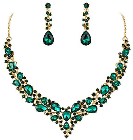 Ever Faith Wedding Bridal Crystal Teardrop Cluster Statement Necklace Dangle Earrings Jewellery Set for Women Green Gold-Tone