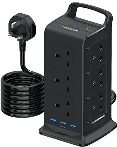Tower Extension Lead Surge Protection (13A 2990W) with 3 USB Slots,NVEESHOX 12 Way Multi Plug Extension Power Tower with Handle,3M Long Extension Cord Charging Tower with Widely Spaced Outlet for Home