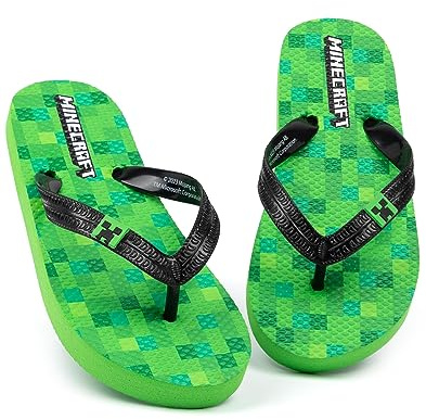 Minecraft Creeper Kids Sandals | Green Flip Flop Sliders For Boys & Girls | Block Pixel Game Villain Summer Shoes | Fun Slip-on Beach Footwear Merchandise Gift for Children and Teens