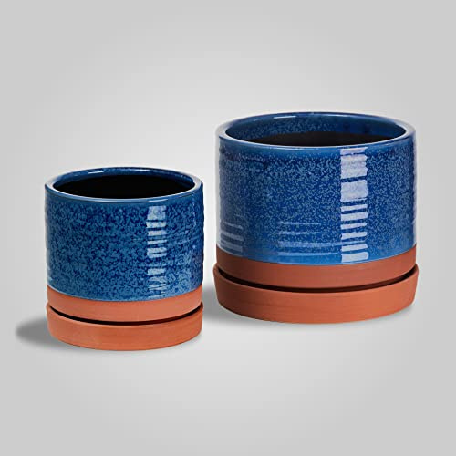 HERDUK Pots de fleurs ronds en céramique de 15,2 cm + 20,3 cm, avec trou de drainage et soucoupe, pour intérieur/extérieur, bleu turquoise et terre cuite