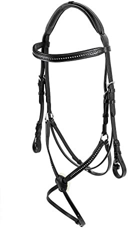 Start Zeus Trensenzaum Leder für Pony, Warmblut und Vollblut, Reittrense, Pferde Trense mit kleinen Kristallen, Inklusive Zügeln und Schnallenverschluss, mexikanisches Trensenband (Cob, Schwarz)