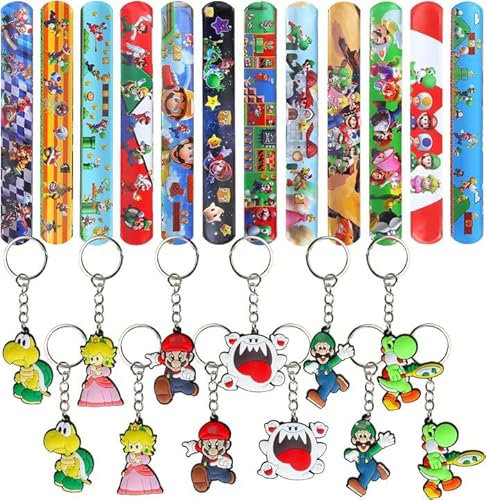 GUBOOM Ma-rio Party Mitgebsel, Ma-rio Gastgeschenke 24Pcs, 12Pcs Ma-rio Slap Armbänder + 12 Ma-rio Schlüsselanhänger, Ma-rio Geburtstags Party Zubehör für Kinder