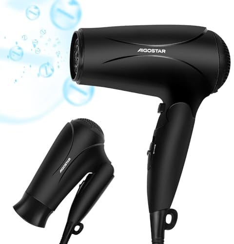 Aigostar 2400W Travel Hair Dryer, Powerful Ionic Hairdryer for Travel with 3 Heat Settings, Lightweight Foldable Blow Dryer with Concentrator, Cool Shot Button, Fast Drying, Black - Lena